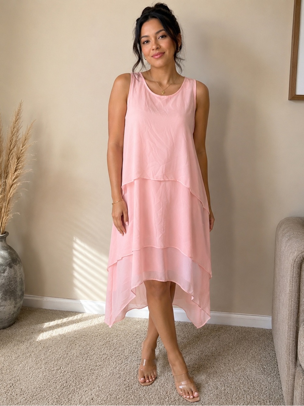 Sharagano Sleeveless Layered Pink Chiffon Dress